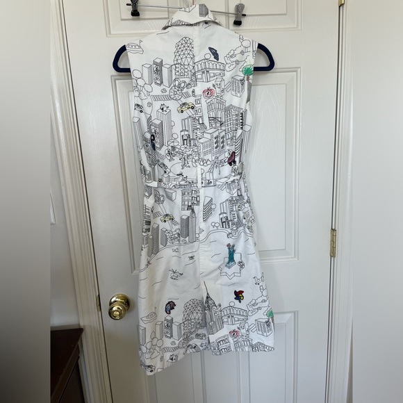 Mira Mikati Sleeveless Cityscape Print Shirt Dress Belted Collared Button Front - Picture 7 of 9